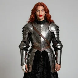 portrait of a warrior, mulatto, mestizo, very beautiful face, pleasant facial features, red lips, long red hair, black closed velvet dress, leather armor, iron armor, white boots, clothes alexander mcqueen very beautiful style, photorealism, bouguereau, edgard maxence