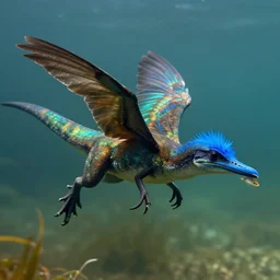 the siliminkiper is an amphibious bird that looks like a cross between a newt and a velociraptor with rainbow colored feathers. it spends its time underwater and uses its wings to swim. it has a bright blue featherless beak which it uses to catch small fish.