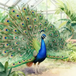 faerie peacock in a tropical greenhouse. this watercolor painting by the award - winning mangaka has a beautiful composition, great sense of depth, dramatic lighting and intricate details.