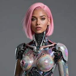 portrait of a beautiful tanned woman with pink hair as a cyberpunk cyborg half robot, revealing wires and electronics, hooked - up, sci - fi, missing panels, intricate abstract upper body intricate artwork, concept art, octane render, deviantart, cinematic, key art, hyperrealism, iridescent accents, portrait photograph, nikon 3 5 mm, photograph by greg rutkowski
