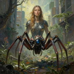 an intricate concept portrait painting of a futuristic woman behind an arachno - bot in an undergrowth city street, post - apocalyptic, dystopian, style ivan talavera and artgerm, radiant lighting, hyper realistic, photorealistic, octane render, artstation, cgsociety, cinematic light, global illumination, sci - fi