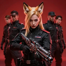 close up of evil futuristic dystopian regime soldier, plasma gun, blonde hair, fox ears on hair, human, female, concept design, contrast, hot toys, kim jung gi, greg rutkowski, zabrocki, karlkka, jayison devadas, trending on artstation, 8 k, ultra wide angle, pincushion lens effect, red and black color scheme