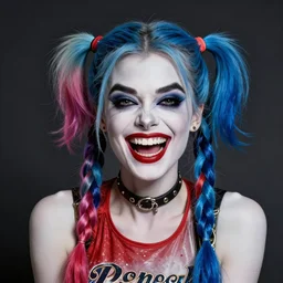 evil audrey hepburn as harley quinn, insane crazy laugh, blue hairs, double long braids blue, no makeup, tane skin tone, portrait shinkai makoto artgerm rossdraws james jean marc simonetti highly detailed intricate matte sharp focus digital painting artstation pixiv