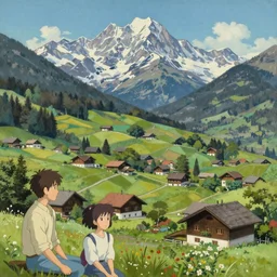 A beautiful landscape painting of a small swiss mountain village by Alfons Maria Mucha and Julie Dillon and Makoto Shinkai