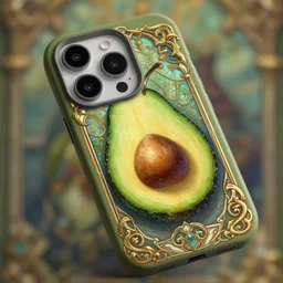 photograph of a smartphone with an avocado themed case, deep focus, d & d, fantasy, intricate, elegant, highly detailed, digital painting, artstation, concept art, matte, sharp focus, illustration, hearthstone, art by artgerm and greg rutkowski and alphonse mucha
