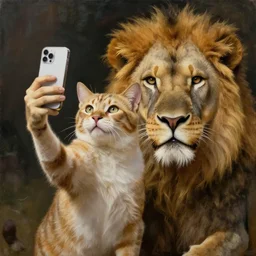 a painting of a cat taking a selfie next to a lion