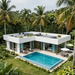 house in modern style located in tropical forest with big swimming pool on the roof