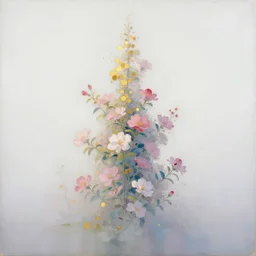 The Flowery Tower with a White Horizon, landscape, pastel oil inks, soft pastel colors, paint-on-glass painting, chiaroscuro, very ethereal,fauvism, soft, ethereal, superflat art movement, pinhole photography futuristic yw2k white pure estructure liminal, white fog painting, glided golden paper HD bokeh lighting chiaroscuro
