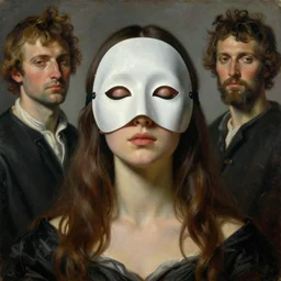The long shot of beautiful woman with closed eyes in full-face occult mask by Ilya Repin, William Blake, Michelangelo da Caravaggio and Arnold Bocklin, highly detailed oil painting, 4k, masterpiece