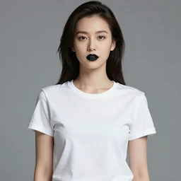 beautiful woman wearing a white T-shirt and black lipstick, medium shot, photography, high quality, studio lighting, 4k,