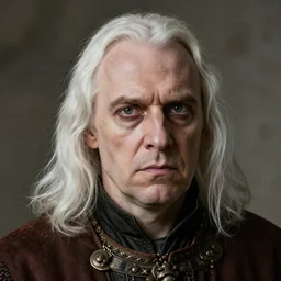 a portrait of a very ugly medieval nobleman with white hair, big forhead and mismatched eyes.
