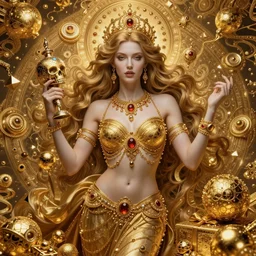 greed deadly sin represented by a beautiful woman surrounded by gold, jewels, and treasure, style of peter mohrbacher, vray, highly detailed, luxury, fractal, golden ratio, elegant, epic