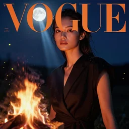 3 d, night, moon rays, close - up, fashion model, bonfire, fireflies, vogue cover style, poster art, high detail, intricate oil painting, multiple exposure, heaven mood, hyperrealism, 3 d, by tooth wu and wlop and beeple and greg rutkowski
