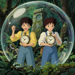 hyperrealist, studio ghibli dull colors portrait from close encounters of the third kind 1 9 7 7 of two multi - colored pocketwatch scientists swaying in a jungle cubic bubble monument valley stonehenge.