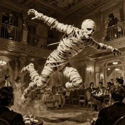 action scene sepia painting of an undead flying mummy, in a 1 9 2 0 s hotel ballroom, with wrappings with nabeatean writing floating around it, by richard corben, atmospheric lighting, brooding, painted, intricate, ultra detailed, well composed, best on artstation, cgsociety, epic, horror, stunning, gorgeous, intricate detail, much wow, masterpiece, cinematic aesthetic octane render, 8 k hd resolution,