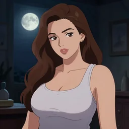 sexy girl, wearing : tanktop, hair : long brown, surroundings : dark moonlit room, artstyle : ilya kuvshinov, bbwchan