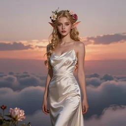 photo of elf in long satin evening dress, flowers in hair, fantasy character portrait, soft clouds, floral sunset, ultra realistic, concept art, intricate details, cinematic, highly detailed