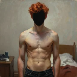 silhouette of a shirtless, gorgeous and perfect bodied, red-headed teen, standing before me in my room, extremely detailed masterpiece, oil on canvas