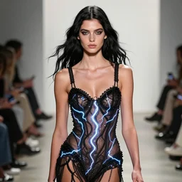 natasha wearing an outfit made from electricity, at new york fashion week, lush black hair, average physique, freckled pale skin, eastern european, photo by greg rutkowski and charlie bowater, stage lighting, female beauty, intricate detail, risque fashion, elegance, 3 5 mm, depth of field, masterpiece
