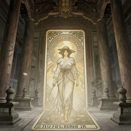 the portal of salvation mystical japanese architecture hyperrealistic detail line work female ninja samurai ethereal character concept art wide angle shot muted colors cinematic lighting detailed and intricate style of alphonse mucha and j. c. leyendecker tarot card art print