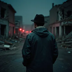 analog photograph of a man from the back wearing a raincoat and a hat in a ( ( destroyed city ) ) at night by mark owen. red lights. bokeh. cinematic. hq. detailed. contrast. cinestill 8 0 0 t