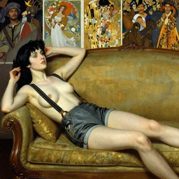 a woman with black long pixie haircut in shorts with suspenders lying on a couch drawn by frank frazetta, gustave caillebotte, Alexandre Cabanel, norman rockwell, caravaggio, maler collier, peter paul rubens, alphonse mucha, gustav klimt 4k, unreal 5, DAZ, french noveau,  octane render, hyperrealistic