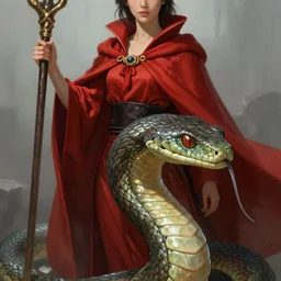 a beautiful woman wearing a red cloak and holding a staff. the upper body is a woman. the lower body is a giant snake, highly detailed, digital painting, artstation, concept art, movie still, smooth, sharp focus uhd 8 k