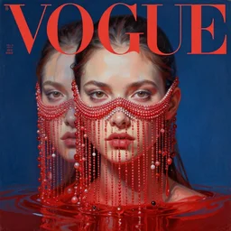3 d, close - up, red water, frown fashion model, vogue cover style, mask of hanging beads, poster art, high detail, intricate oil painting, multiple exposure, deep blue mood, 3 d, by greg rutkowski
