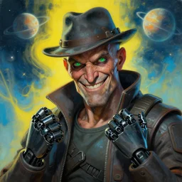an intimate portrait of a gnarly human cyberpunk captain, old skin, faded hat, robot hands, charming, strong leader, green eyes, a look of cunning, big smile, detailed matte fantasy painting, the planets and storms behind him, yellow and blue and cyan