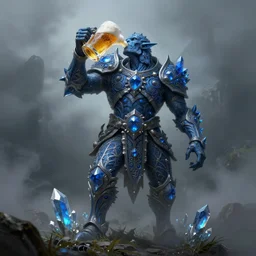 blue crystal!!! golem drinks beer, beer, glass, beer mug in hand, intricate, triumphantly, foggy background, full body art, dark souls, drawing, concept art, artstation, digital painting