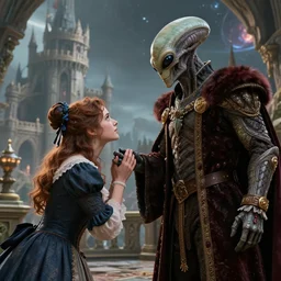 detailed, sharp, a girl curtsying to an humanoid alien king, wearing 1850s era clothes, in a alien castle on an alien planet, extremely highly detailed, hyperrealistic, highly detailed faces, octane render, 4k, good lighting