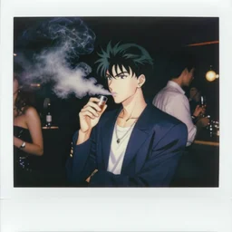 Spike Spiegel vaping at a party, 90s polaroid