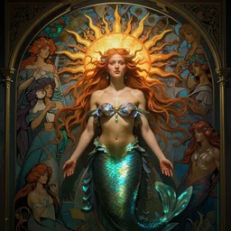 stunning, breathtaking, awe-inspiring award-winning realistic concept art face portrait of mermaid Rowan Blanchard as a goddess of the sun, by Alphonse Mucha, Ayami Kojima, Amano, Charlie Bowater, Karol Bak, Greg Hildebrandt, Jean Delville, and Mark Brooks, Art Nouveau, Neo-Gothic, gothic, rich deep colors, cyberpunk, extremely moody lighting, glowing light and shadow, atmospheric, shadowy, cinematic, 8K
