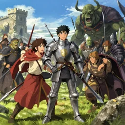 a beautiful medieval battle between Knight, Templar against Orc, in anime style highly detailed by Raphael Lacoste, greg rutkowski, makoto shinkai