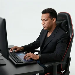 frank sinatra sitting in a gaming chair playing computer games with graphic tablet and computer keyboard