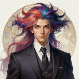 overlord, psychedelic flowing hair up, wearing a suit, portrait, highly detailed, deep focus, elegant, digital painting, smooth, sharp focus, illustration, ultra realistic, 8 k, art by artgerm and alphonse mucha