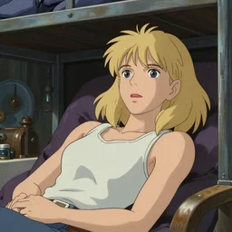 Character portrait of a tank top-clad blonde female airship mechanic resting in her cramped bunk, steampunk, beautiful face, striking eyes, highly detailed, digital art, cel shading, anime still, by Hayao Miyazaki, Alphonse Mucha, Ilya Kuvshinov