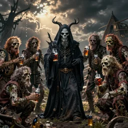 hyper realistic photography of drunk necromancer with his zombie buddies brom, mucha, moebius, craig mullins, juan gimenez artstation cgsociety