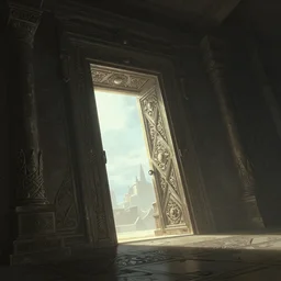 A distant and wide angle view of a carved ornate open doorway to eternity found amongst the realms of a forgotten civilization, light iluminating, Concept art, Noah Bradley, Brian Despain, Shaun Tan, digital art, mysterious, otherworldly