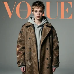 vogue magazine cover : full - body portrait of shortpixiecut sadie sink as a poor girl in a decaying oversized man's coat and hoodie, ultrarealistic, photorealistic, intricate detail, photograph by anne leibovitz