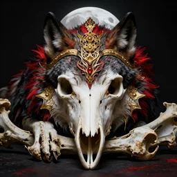 photo portrait portrait of skull of wolf, lying on bones, dramatic lighting, golden ornaments, symmetric, intricate skeletal decorations, symmetry, highly detailed, concept art, black, red, white, gold layers, super moon, style of nekroxiii, hyperrealistic