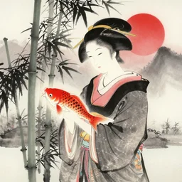 japanese ink painting of a japanese woman holding a koi fish in her hands, with bamboo trees, a mountain and a deep red sun in the background