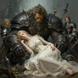 a fancy portrait of a sleeping giant female being protected by a worrior by Greg Rutkowski, Sung Choi, Mitchell Mohrhauser, Maciej Kuciara, Johnson Ting, Maxim Verehin, Peter Konig, final fantasy, Marco lense , 8k photorealistic, cinematic lighting, HD, high details, atmospheric , trending on artstation