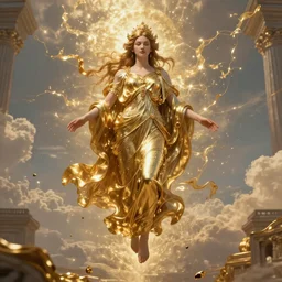 Hyper realistic portrait of a goddess floating in the middle of ancient sky, gold fluid simulation, Cinematic lighting, ultra super good realistic photography by Emil Melmoth, symmetry, insanely detailed, trending on artstation, 8k