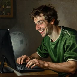 a happy man studying soccer on his computer, detailed, highly detailed, heroic, epic, complex, very detailed, realistic, HD quality, 8k resolution, body and headshot, Oil Painting, Italian Renaissance Painting of Jerma985, Italian Renaissance Painting Style, Renaissance Painting Style, Painting, Trending on Artstation