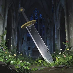 anime kyoto animation key by greg rutkowski night, a huge broken blade in abandoned chapel with overgrown flowers and plants