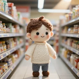 needle felted person at supermarket, highly detailed, tilt shift, cute, hyperrealism, highly textured, god rays