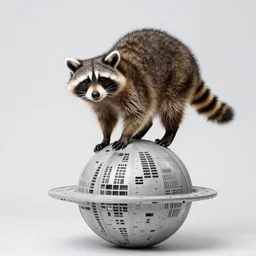 a playful raccoon balancing on a model of the death star