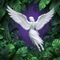 a singular white falling angel in the back of the composition turned around in a highly detailed over dimensional green leaves that are not from this world with black vaines, fantasy jungle, photorealism, unreal engine, purple hue