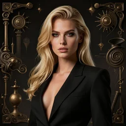 portrait of attractive blonde powerful young woman with black blazer, by greg rutkowski, by zdzislaw beksinski, very detailed, ornate, intricate, octane render, dark color lighting, volumetric lighting, 8 5 mm